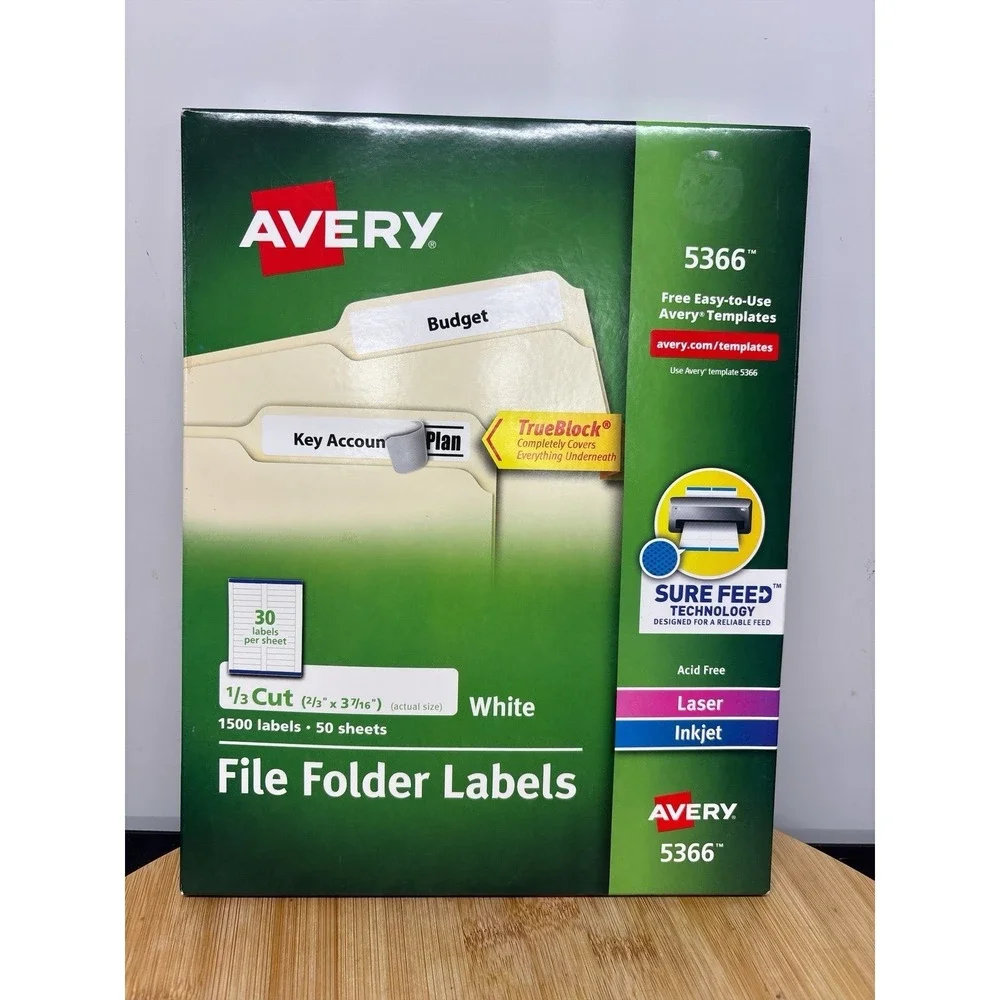 Avery Templates 5366 White File Folder Laser Inkjet Labels New Sealed 1500 Count